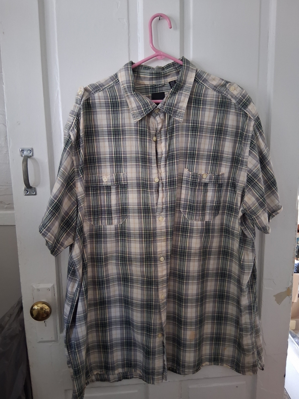 JF J.Ferrar Men's 2XL Short-Sleeve Plaid Button-Down Shirt - Cream & Green